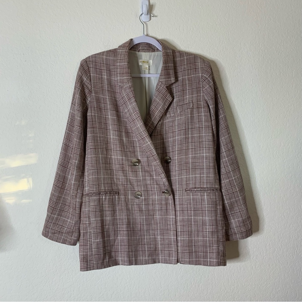 Maeve Anthropologie brown double-breasted linen blend plaid blazer 8 - Picture 2 of 10